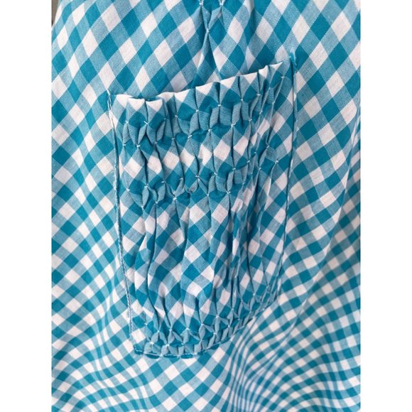 Vintage Turquoise Blue Gingham Check Smocked Half Apron Farmhouse - Picture 6 of 8